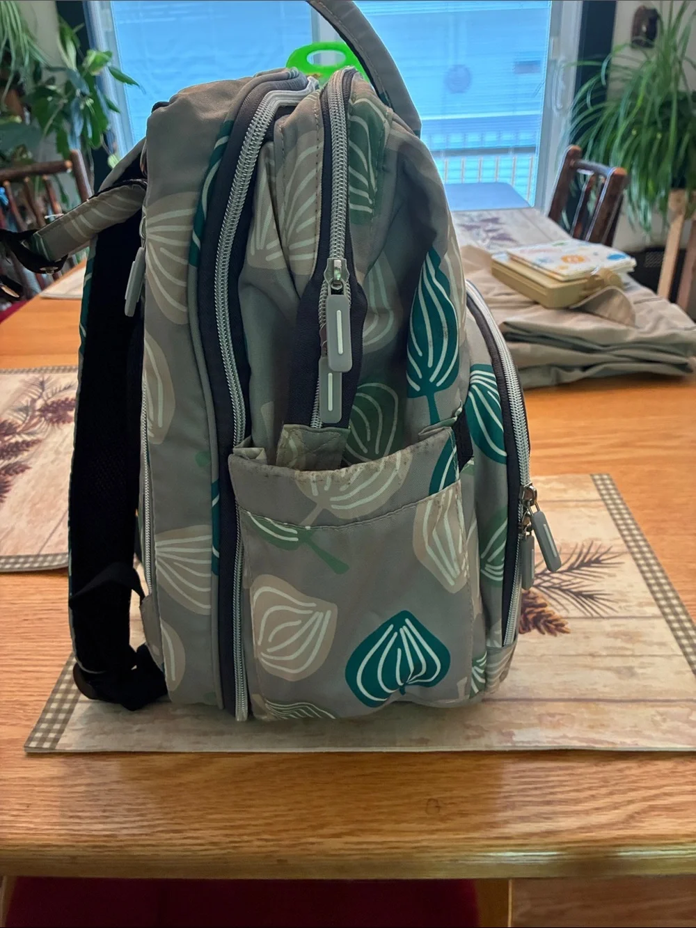 Joofoss Leaf Pattern Backpack in Teal, Sage & Beige
